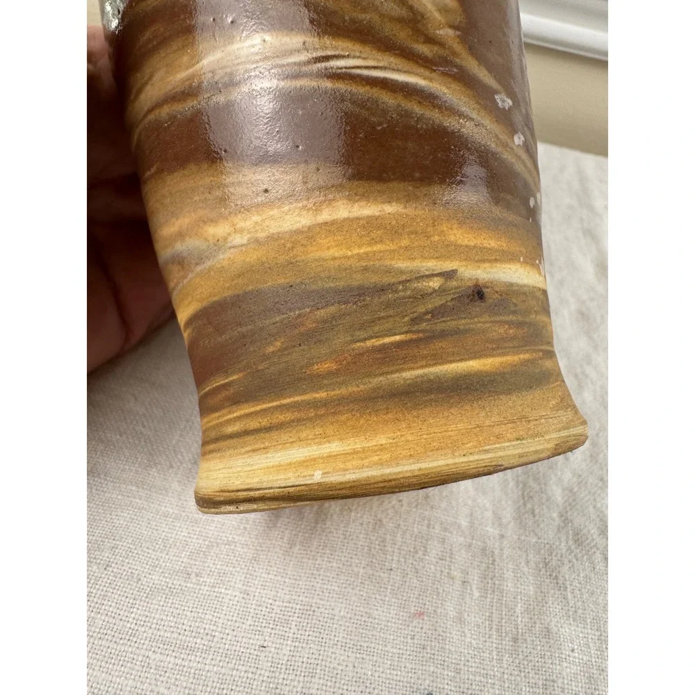 Hand Thrown Studio Pottery Marbled Agateware Vase Brown Tan Signed 6.75